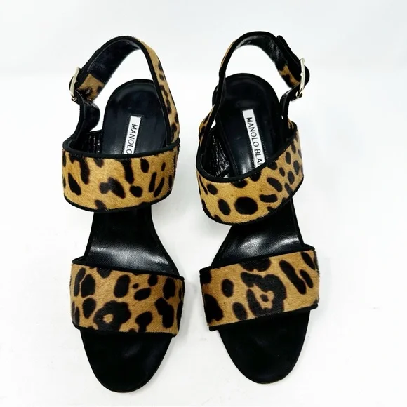 Manolo Blahnik Leopard Calf Hair Block Heel Sandals Size 37 US 7